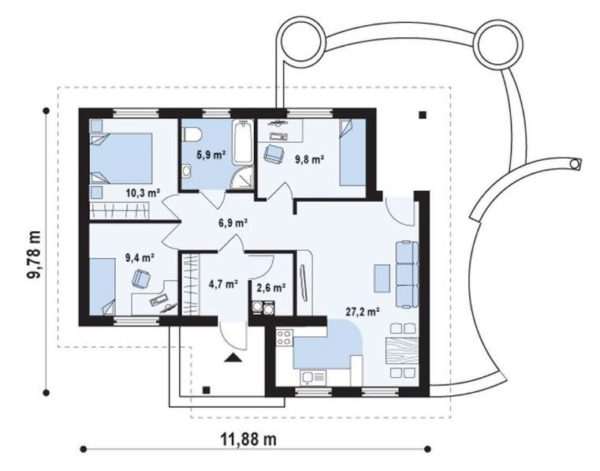 План одноэтажного дома на 75 квадратов с тремя спальнями